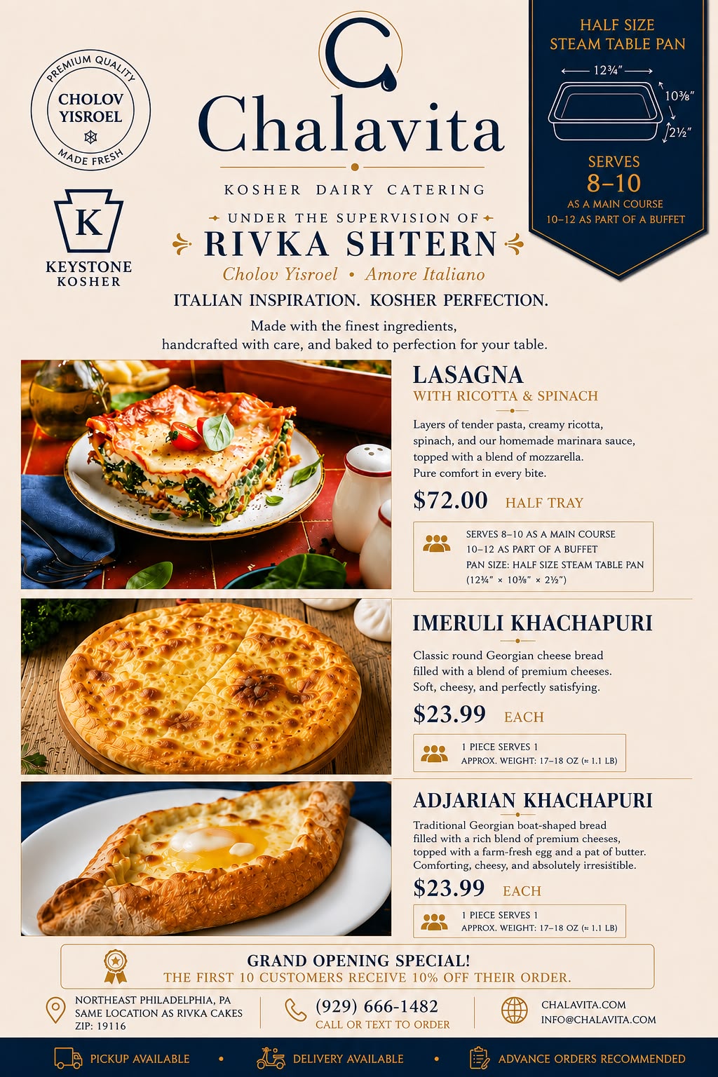 Chalavita kosher dairy catering flyer — Italian inspiration, kosher perfection